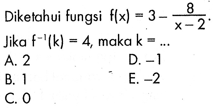 Diketahui fungsi f(x)=3-(8/x-2). Jika f^-1(k)=4, maka k=.... 