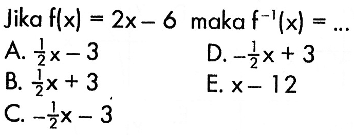 Jika  f(x)=2x-6  maka  f^-1(x)=.... 