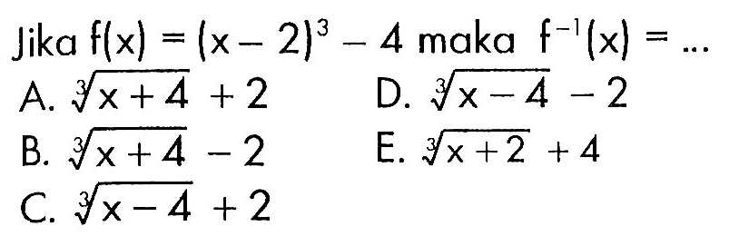 Jika f(x)=(x-2)^3 - 4 maka f^(-1)(x)=....