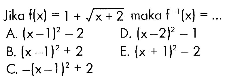 Jika f(x)=1+akar(x+2) maka f^-1(x)=... 