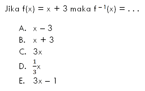 Jika  f(x)=x+3  maka  f^(-1)(x)=... 