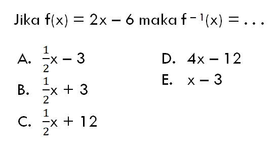 Jika f(x)=2x-6 maka f^(-1)(x)=....