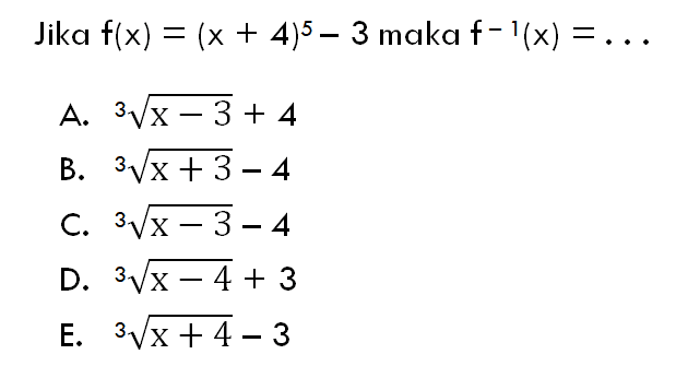 Jika f(x)=(x+4)^5-3 maka f^(-1)(x)=....