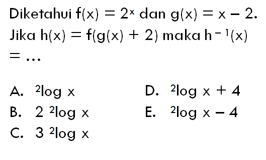 Diketahui f(x)=2^x dan g(x)=x-2 Jika h(x)=f(g(x)+2) maka h^-1(x)=...