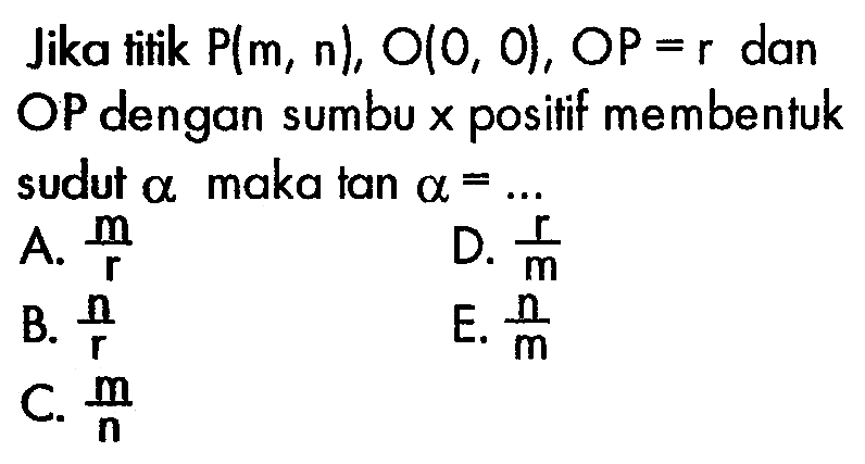 Jika titik  P(m, n), O(0,0), OP=r  dan OP dengan sumbu x positif membentuk sudut  a maka tan a=.... 
