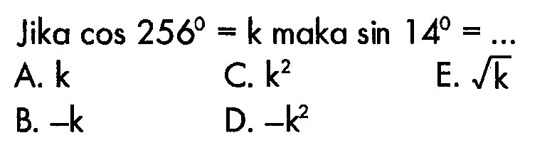 Jika cos 256=k maka sin 14= ...