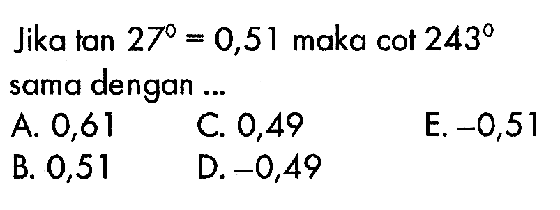 Jika tan27=0,51 maka cot243 sama dengan ...