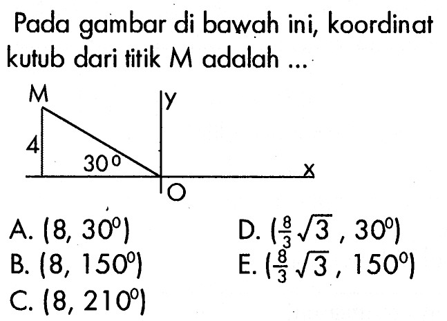 Pada gambar di bawah ini, koordinat kutub dari titik M adalah ...M y4 30 O x