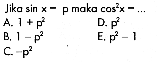 Jika sin x=p maka cos^2 x=...