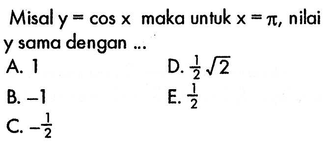 Misal y=cos x maka untuk x=pi, nilai y sama dengan 