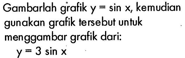 Gambarlah grafik y=sinx, kemudian gunakan grafik tersebut untuk menggambar grafik dari: y=3sinx