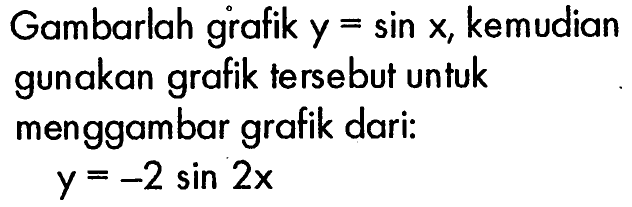 Gambarlah grafik y=sin x, kemusian gunakan grafik tersebut untuk menggambar grafik dari: y=-2sin 2x