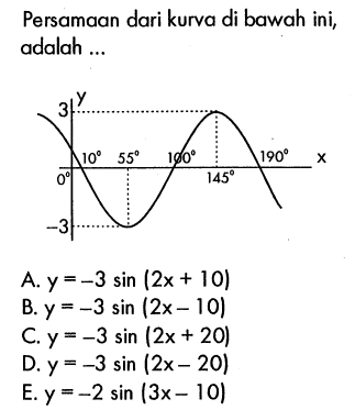 Persamaan dari kurva di bawah ini, adalah ... y 3 0 -3 10 55 100 145 190 x