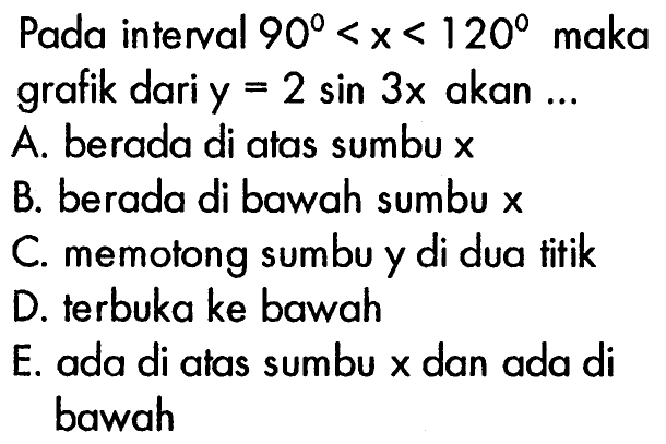 Pada interval 90<x<120 maka grafik dari y=2sin3x akan ...