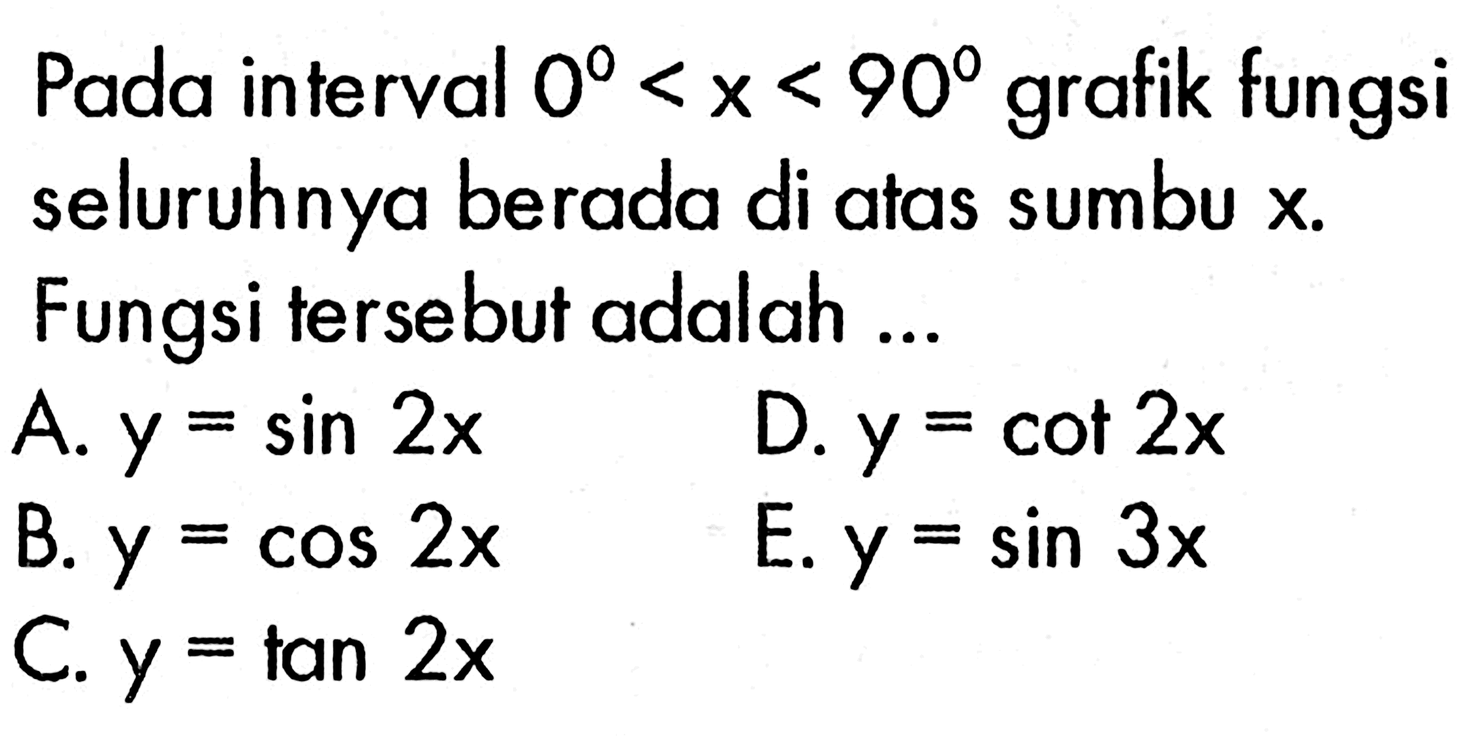 Pada interval 0<x<90 grafik fungsi seluruhnya berada di atas sumbu  x. Fungsi tersebut adalah ... A. y=sin 2x B. y=cos 2x C. y=tan 2x D. y=cot 2x E. y=sin 3x 