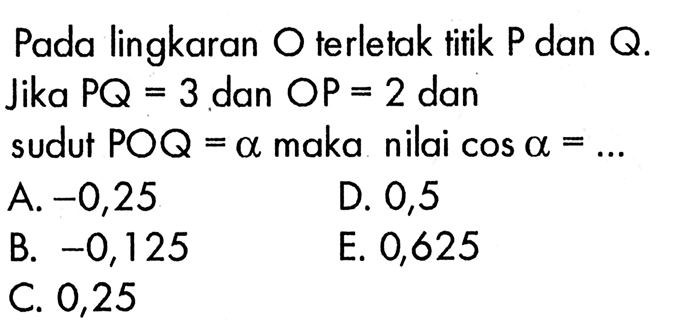 Pada lingkaran O terletak titik P dan Q. Jika PQ=3 dan OP=2 dan sudut POQ=a maka nilai cos a=...