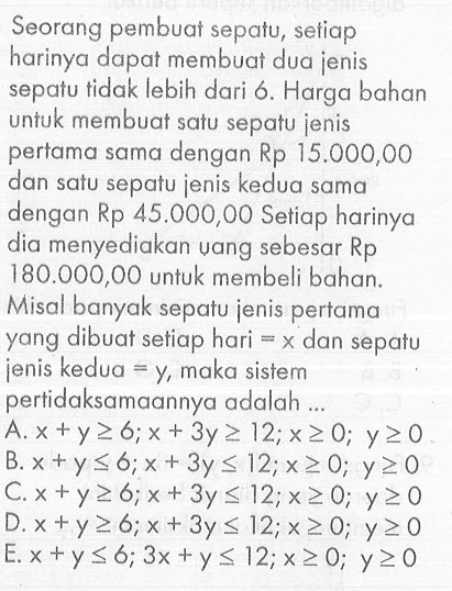 Seorang pembuat sepatu, sefiap harinya dapat membuat dua jenis sepatu tidak lebih dari 6. Harga bahan untuk membuat satu sepatu jenis pertama sama dengan Rp 15.000,00 dan satu sepatu jenis kedua sama dengan Rp 45.000,00 Setiap harinya dia menyediakan uang sebesar Rp 180.000,00 untuk membeli bahan. Misal banyak sepatu jenis pertama yang dibuat setiap hari =x dan sepatu jenis kedua=y , maka sistem pertidaksamaannya adalah ...