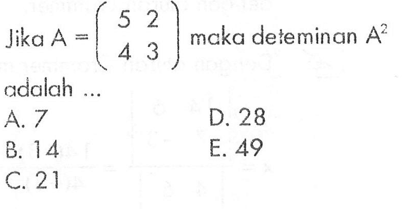 Jika A=(5 2 4 3) maka determinan A^2 adalah ...