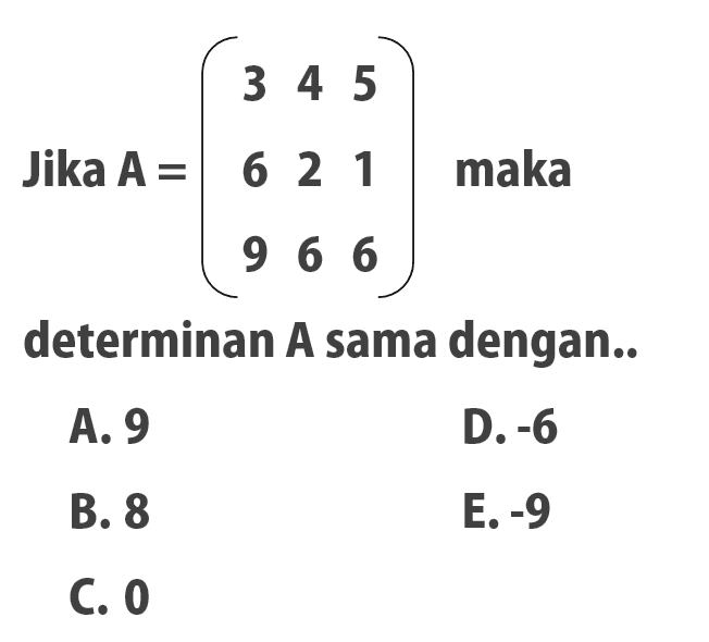 Jika A=(3 4 5 6 2 1 9 6 6) maka determinan A sama dengan..