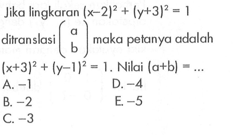 Jika lingkaran (x-2)^2+(y+3)^2=1 ditranslasi (a b) maka petanya adalah (x+3)^2+(y-1)^2=1. Nilai (a+b)= ...