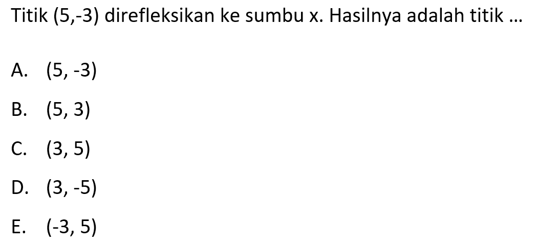 Titik (5,-3) direfleksikan ke sumbu x. Hasilnya adalah titik ....