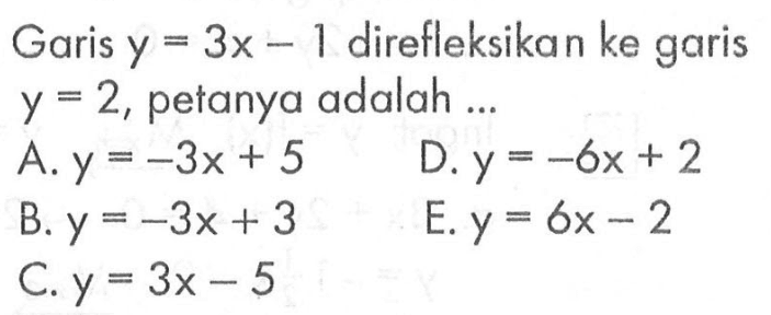 Garis y=3x-1 direfleksikan ke garis y=2, petanya adalah ...