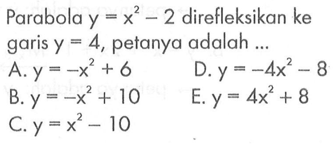 Parabola Y = x^2-2 direfleksikan ke garis Y = 4, petanya adalah