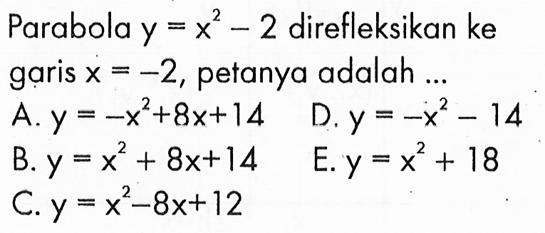 Parabola y = x^2 - 2 direfleksikan ke garis x = -2, petanya adalah ...