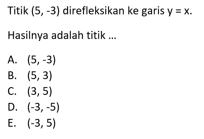 Titik (5,-3) direfleksikan ke garis y=x. Hasilnya adalah titik ...