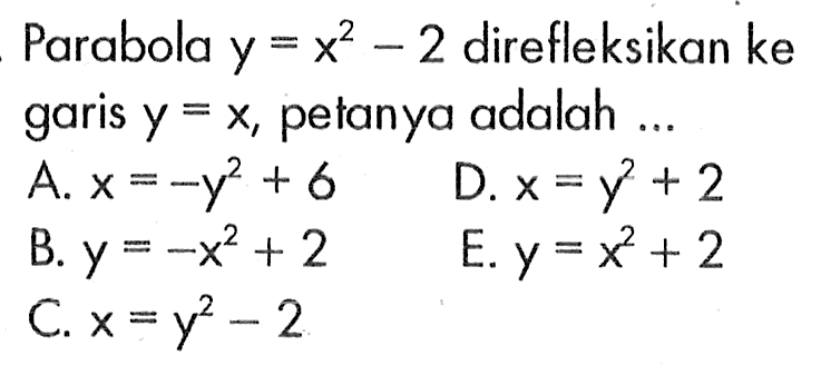 Parabola y=x^2-2 direfleksikan ke garis y=x, petanya adalah ...