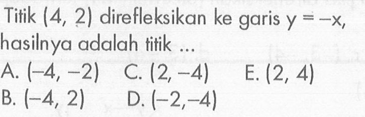 Titik (4,2) direfleksikan ke garis y=-x, hasilnya adalah titik ...