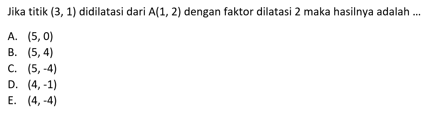 Jika titik (3, 1) didilatasi dari A(1, 2) dengan faktor dilatasi 2 maka hasilnya adalah....