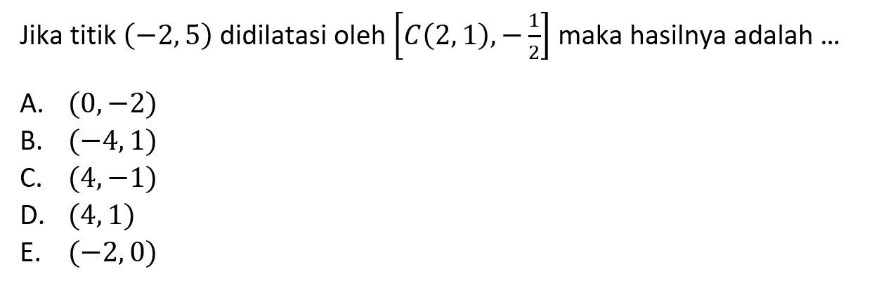 Jika titik (-2, 5) didilatasi oleh [C(2, 1), -1/2] maka hasilnya adalah...