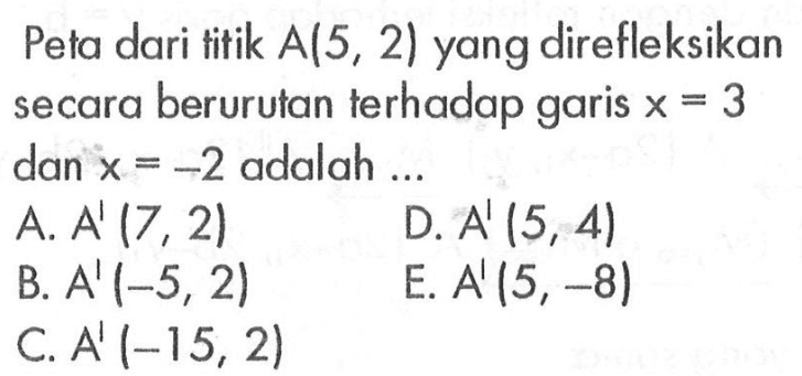 Peta dari titik A(5, 2) yang direfleksikan terhadap secara berurutan garis x=3 dan x=-2 adalah