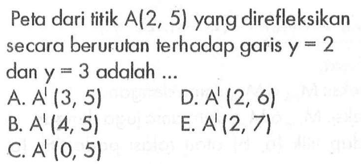 Peta dari titik A(2, 5) yang direfleksikan terhadap secara berurutan garis y=2 dan y=3 adalah ....