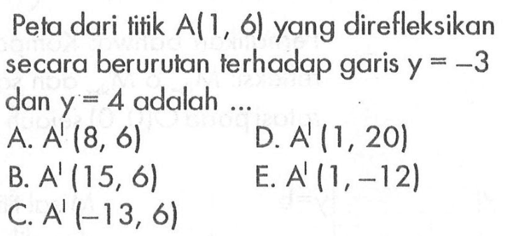 Peta dari titik A(1, 6) yang direfleksikan terhadap secara berurutan garis y =-3 dan y = 4 adalah