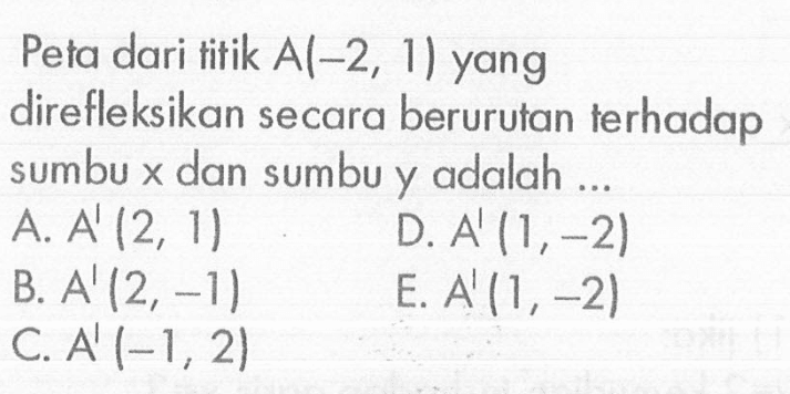 Peta dari titik A(-2,1) yang direfleksikan secara berurutan terhadap sumbu x dan sumbu y adalah ... 