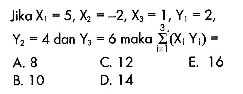 Jika X1=5, X2=-2, X3=1, Y1=2 , Y2=4 dan Y3=6 maka sigma i=1 3(Xi Yi)= 