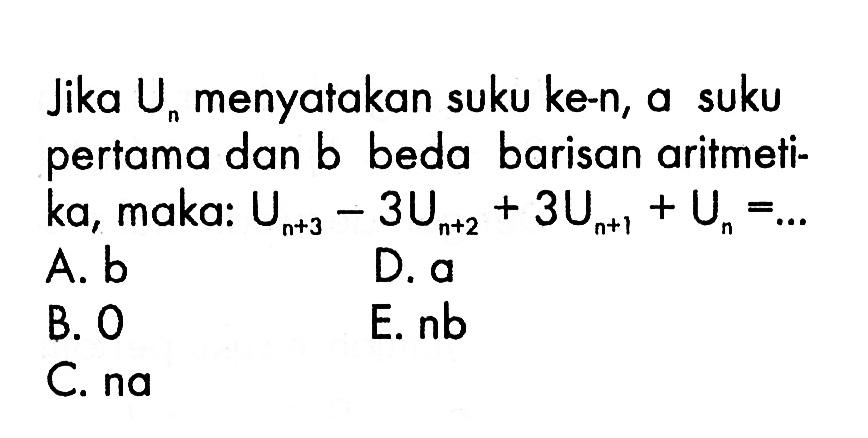 Jika Un menyatakan suku ke-n, a suku pertama dan b beda barisan aritmetika, maka: Un+3-3Un+2+3Un+1+Un=... 