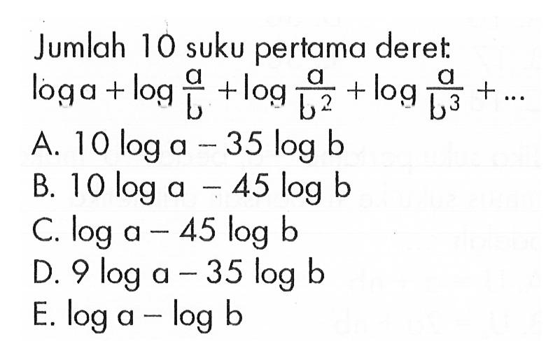 Jumlah 10 suku pertama deret: loga+log(a/b)+log(a/(b^2))+log(a/(b^3))+...