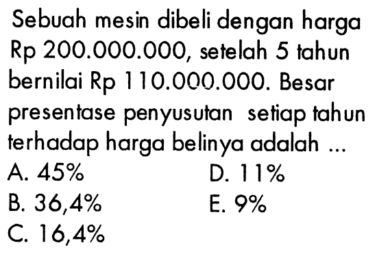 Sebuah mesin dibeli dengan harga Rp 200.000.000, setelah 5 tahun bernilai Rp 110.000.000. Besar presentase penyusutan setiap tahun terhadap harga belinya adalah 