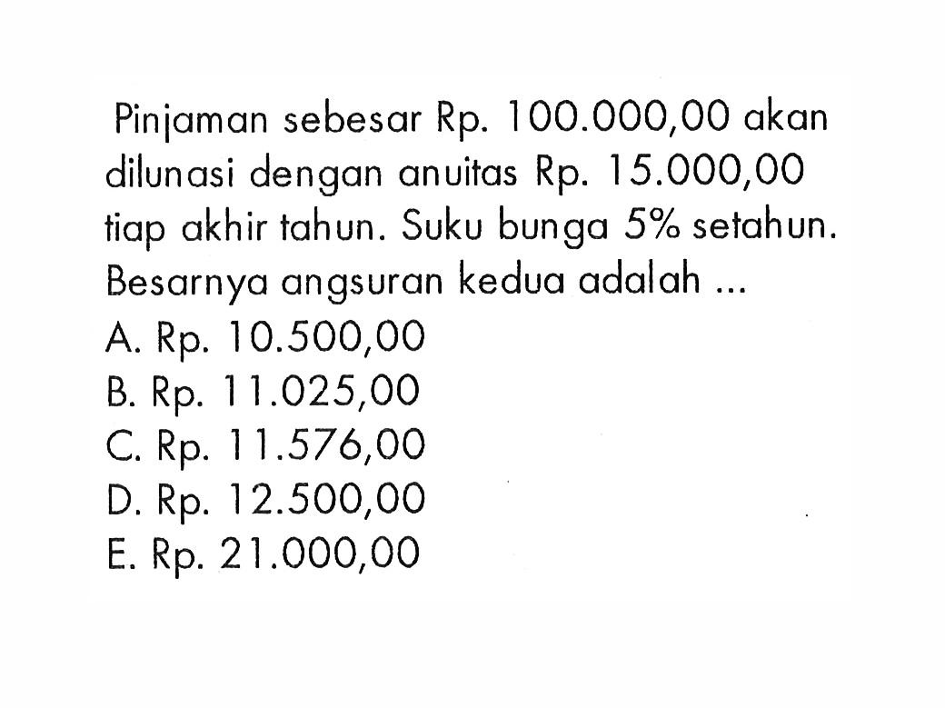Pinjaman sebesar Rp. 100.000,00 akan dilunasi dengan anuitas Rp. 15.000,00 tiap akhir tahun. Suku bunga 5% setahun. Besarnya angsuran kedua adalah 