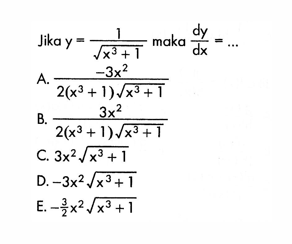 Jika y=1/(akar(x^3+1)) maka dy/dx= ...