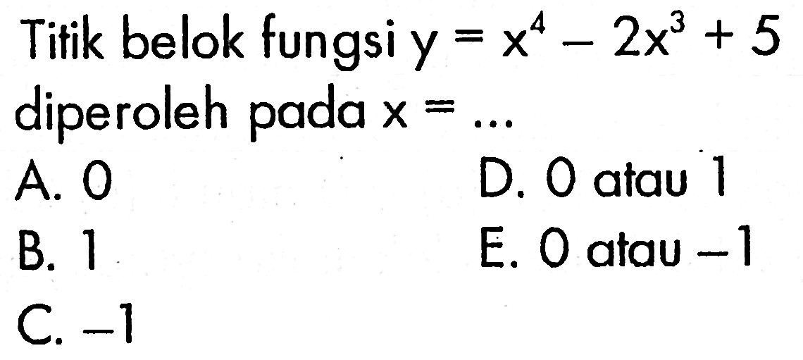 Titik belok fungsi y=x^4-2x^3+5 diperoleh pada x=... 