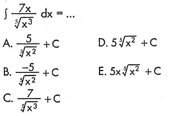 Integral 7x/akar(5x^3) dx=...