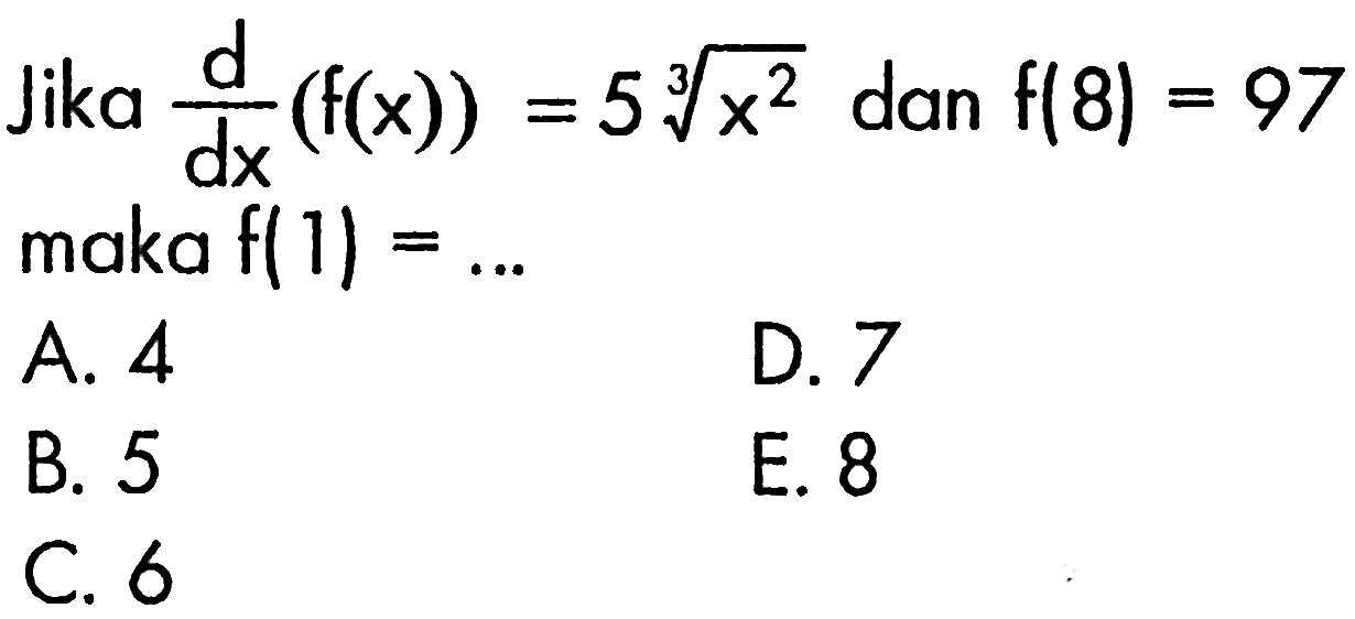 Jika d/dx (f(x))=5x^(2/3) dan f(8)=97 maka f(1)=... 