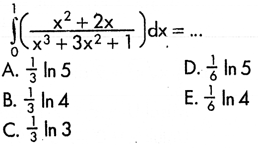 integral 0 1 ((x^2+2x)/(x^3+3x^2+1)) dx=....
