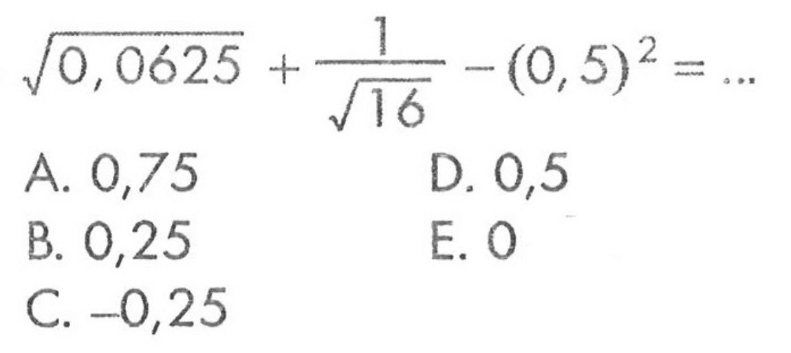 akar(0,00625) + 1/akar(16) - (0,5)^2 = ...