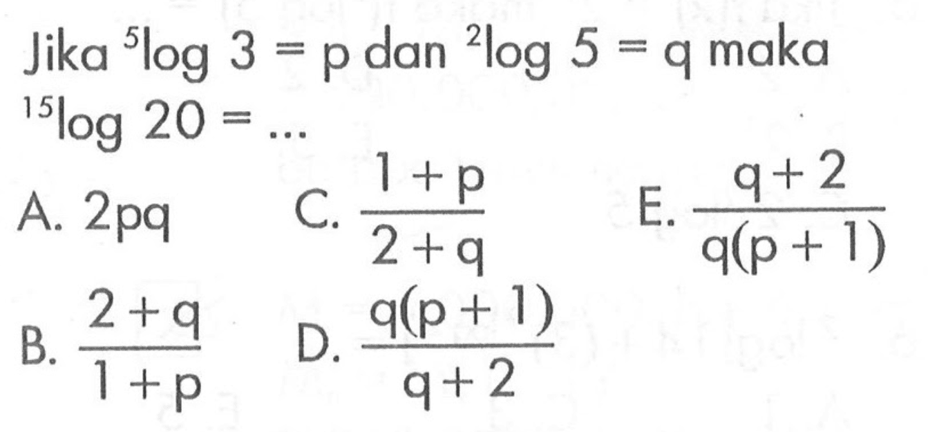 Jika 5log3 = p dan 2log5 = q maka 15log 20=