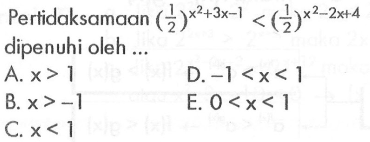 Pertidaksamaan (1/2)^(x^2+3x-1)<(1/2)^(x^2-2x+4) dipenuhi oleh